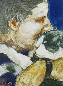 oil painting of man cuddling his cat