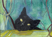 painting of black cat with wistful look